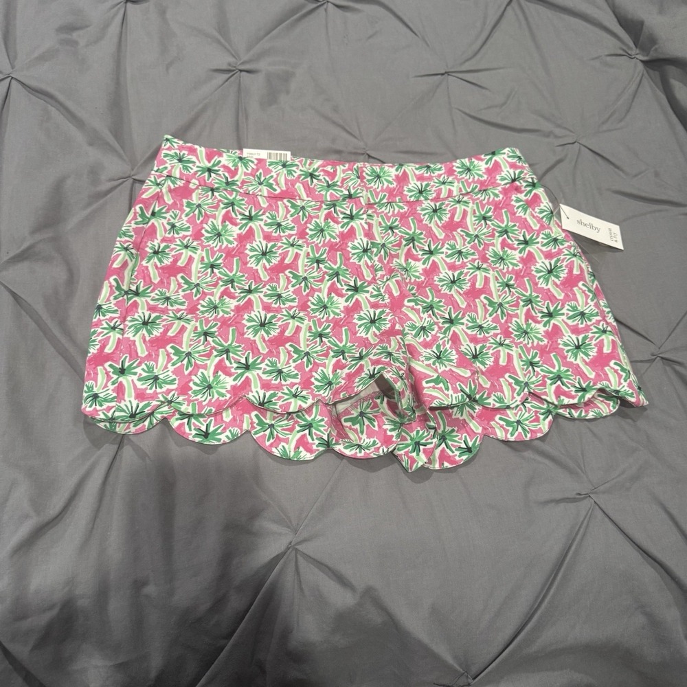 Crown & Ivy‎ Sz 6 Shelby Shorts Palm Tree Scalloped hem 4" Pink Green NWT